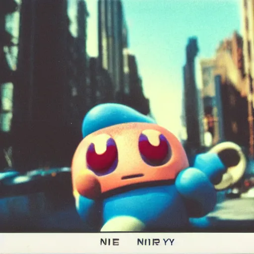 Image similar to polaroid image of the nintendo character kirby in new york city