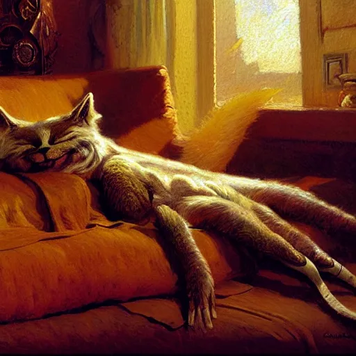 Prompt: a portrait of a furry alien sleeping on the couch. highly detailed painting by gaston bussiere, craig mullins, j. c. leyendecker, furry