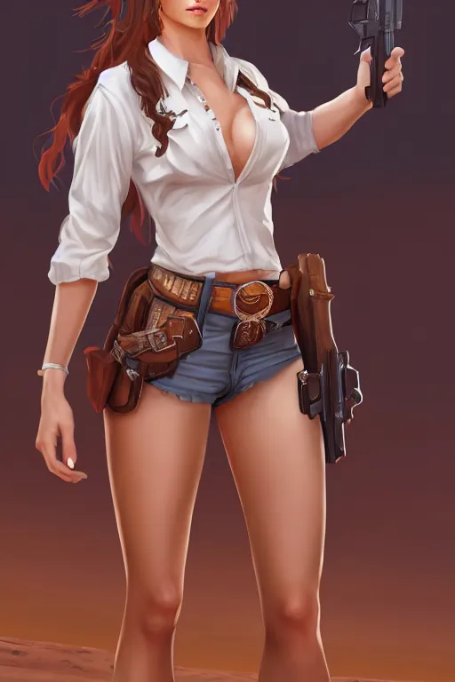 Image similar to full body, female cowgirl, perfect face, white blouse, empty gun holster, 8 k, magic the gathering, desert, d & d, artstation, high detail, smooth, muscular