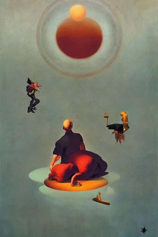 Prompt: hovering indecision, surrealist painting, volumetric light, isometric, by karel thole, by esao andrews, by max ernst, by james jean, oil on canvas,