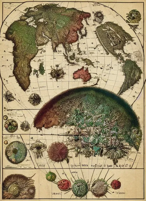 Prompt: “Detailed map of the world by Ernst Haeckel with explanations”