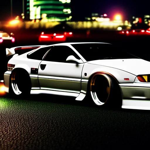 Image similar to a car 300ZX twin turbo drift at illegal car meet, Shibuya prefecture, city midnight mist lights, cinematic lighting, photorealistic, highly detailed wheels, high detail