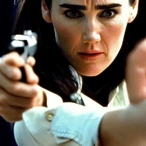 Image similar to jennifer connelly as a secret agentr, action scene