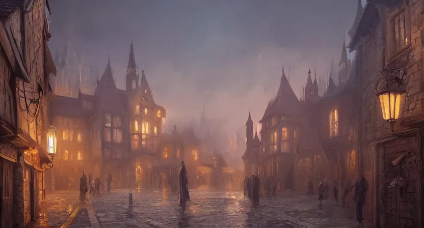 Prompt: A digital concept art painting of a medieval european town in a strange alternate dimension, full of candle-lit windows floating in air, hooded figures, golden hour, by Greg Rutkowski, trending on Artstation