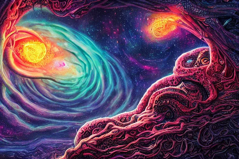 Image similar to a giant skull and flesh creature with deep and intricate rune carvings and glowing eyes and twisting lovecraftian tentacles emerging from a space nebula by dan mumford, twirling smoke trail, a twisting vortex of dying galaxies, digital art, photorealistic, vivid colors, highly detailed, intricate