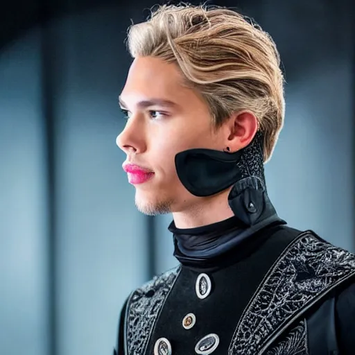 Image similar to medium face shot of adult Austin Butler !!!!with exposed head!!!!, dressed in black-prussian blue futuristic-tudoresque clothing with Harkonnen-Ram-embroidery, and nanocarbon-vest, in an arena in Dune 2021, XF IQ4, f/1.4, ISO 200, 1/160s, 8K