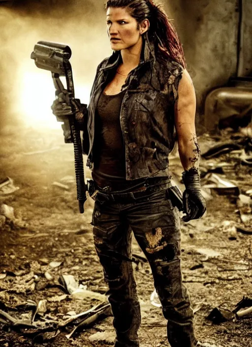 Prompt: photography gina carano prehistoric postapocalyptic survivor cinematic