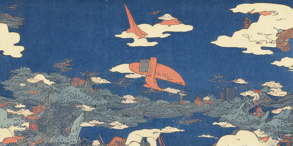 Prompt: a upside down city with giant whale flying in the sky, by Hokusai