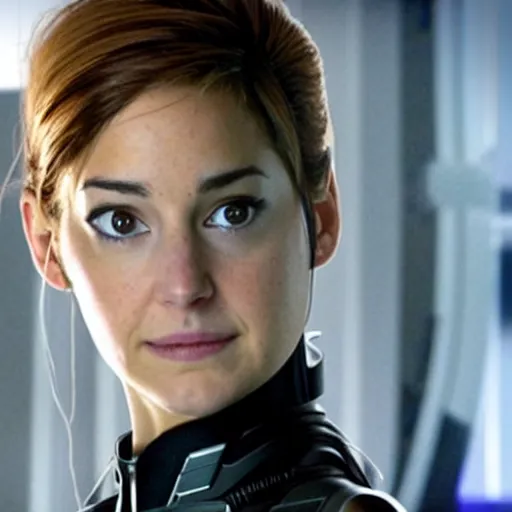 Image similar to A still of Shailene Woodley as Black Widow in Iron Man 2 (2010), close-up