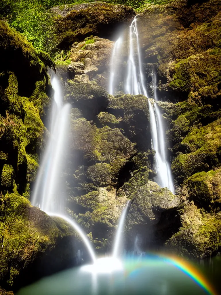 Image similar to artdeco waterfall cascading onto rocks, small rainbow emerging in background, ethereal, beautiful scenery,