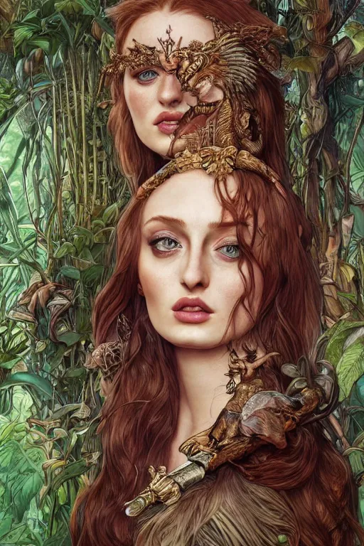 Image similar to Sophie Turner as the Queen of the Jungle, detailed face, cute, fantasy, intricate, elegant, highly detailed, digital painting, 4k, HDR, concept art, smooth, sharp focus, illustration, art by artgerm and H R Giger and alphonse mucha