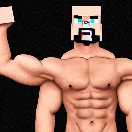 Image similar to Minecraft Steve is a jacked muscle builder gigachad, grayscale photography