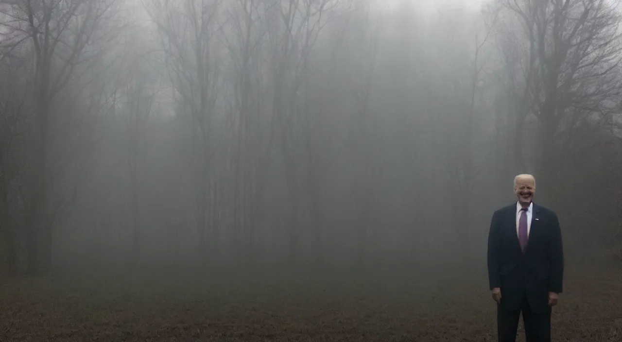 Prompt: low quality iphone photo taken in front of a house window of joe biden with standing ominously in the foggy woods with a demonic wide smile in his face, creepy