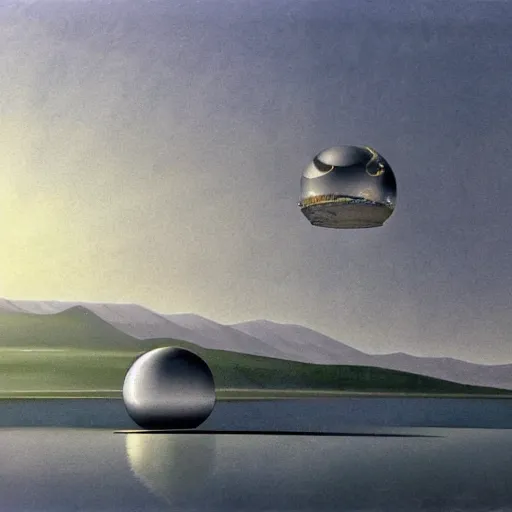 Prompt: a giant metal sphere, addorned with canadian aboriginal patterns, hovering above a lake in Yukon, Ralph McQuarrie, concept art, dramatic perspective.