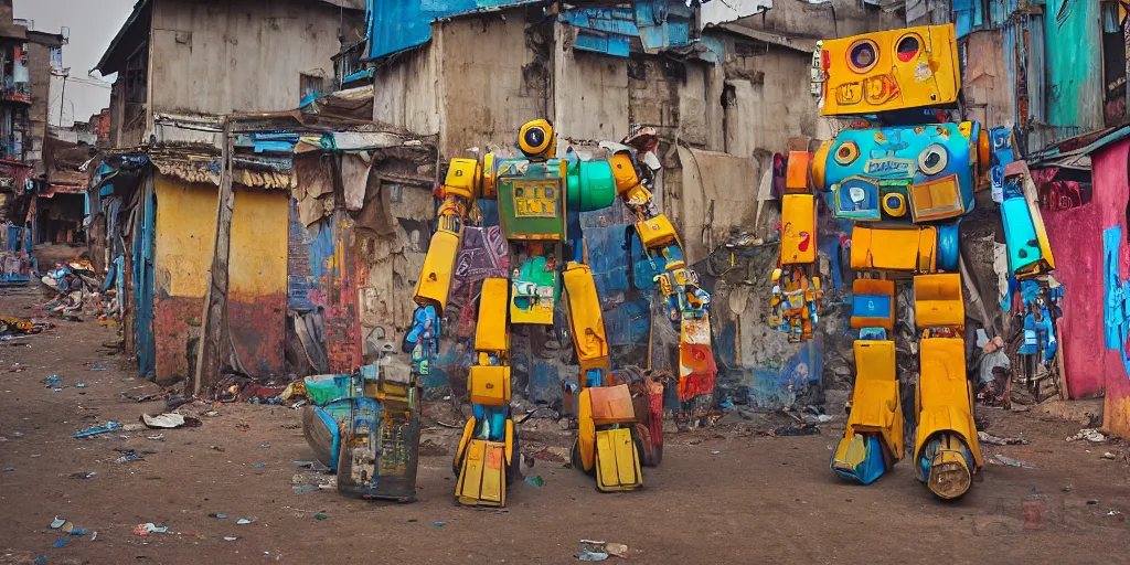 Image similar to colourful giant mecha ROBOT of AJEGUNLE SLUMS of Lagos, markings on robot, Golden hour,