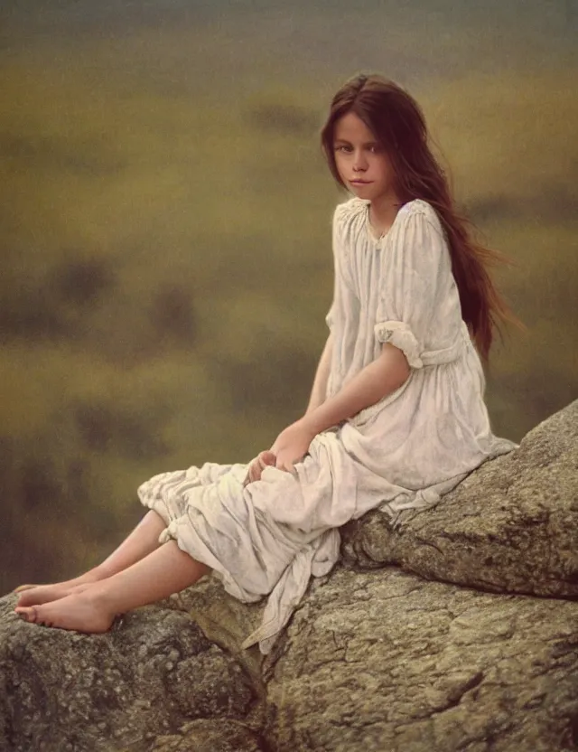 Prompt: peasant barefoot girl with long blowing windy hair sitting on the edge of rock, cottage core, cinematic focus, polaroid photo bleached vintage pastel colors high - key lighting, soft lights, foggy, by steve hanks, by lisa yuskavage, by serov valentin, by tarkovsky, 8 k render, detailed, oil on canvas