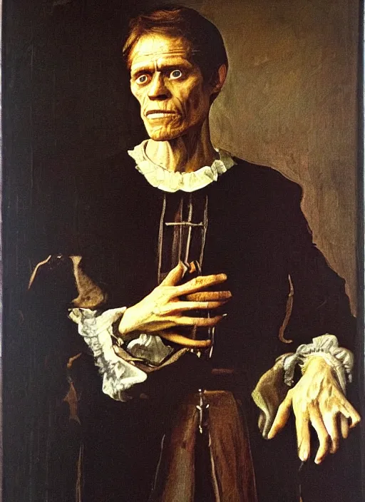 Image similar to flattering regal painting of willem dafoe, renaissance oil painting, studious