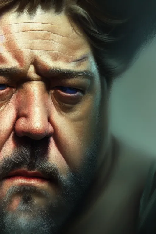 Image similar to ultra detailed close up facial portrait of russell crowe, extremely detailed digital painting, in the style of fenghua zhong and ruan jia and jeremy lipking and peter mohrbacher, mystical colors, rim light, beautiful lighting, 8 k, stunning scene, raytracing, octane, trending on artstation