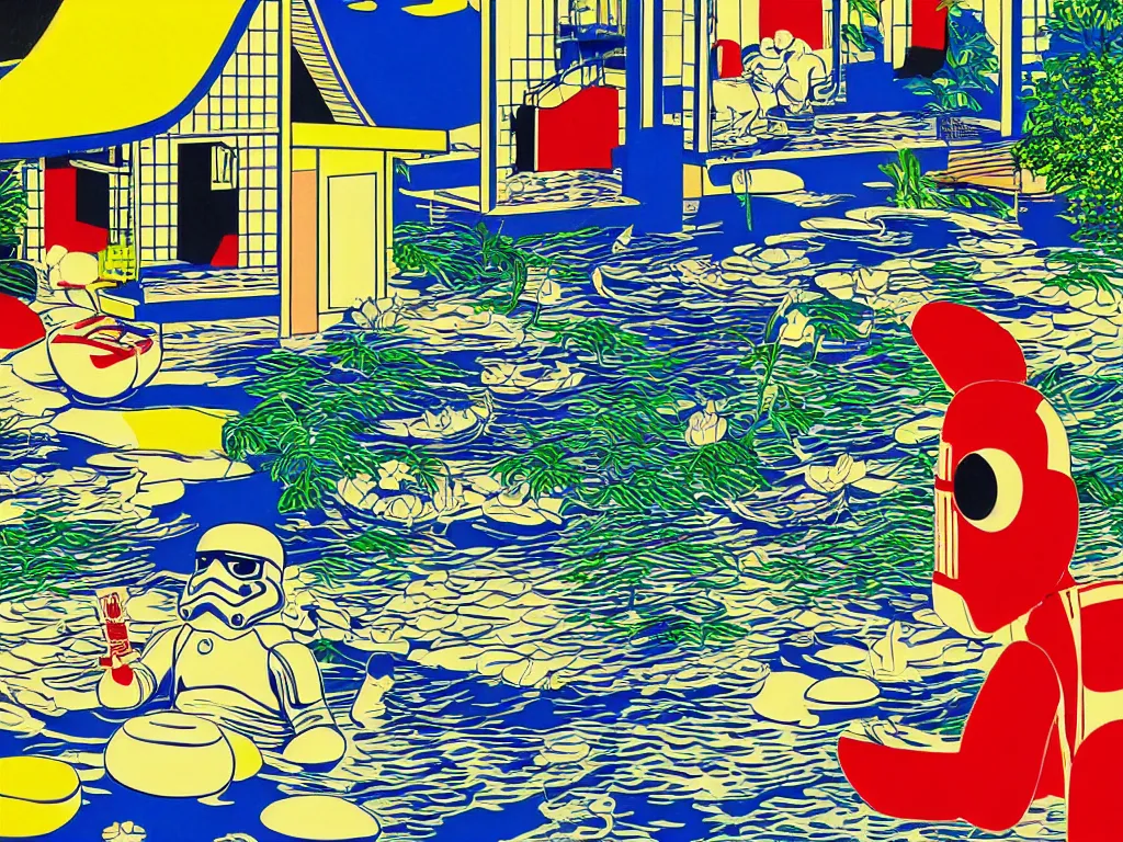 Prompt: close - up image of a japanese house with a pond, stormtroopers sitting around it, in style of pop - art, andy warhol, roy lichtenstein, jackie tsai, bright and saturated palette, acrylic on canvas