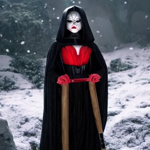 Image similar to a film still of snow white as a sith lord wearing black attire realistic, detailed