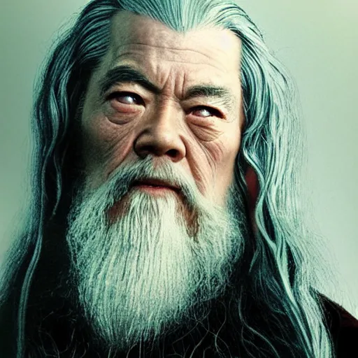 Image similar to a still from “ lord of the rings ” of a head and shoulders portrait of master tang as gandalf, photo by phil noto