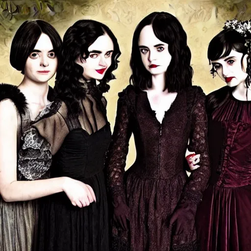 Prompt: beautiful gothic portrait of Maisie Williams, Krysten Ritter, Anne Hathaway and Natalia Dwyer Christina Ricci and Lily Collins