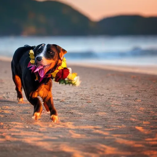 Prompt: a dog bringing a flower bouquet at its mouth, beach scenery, golden hour, sunset