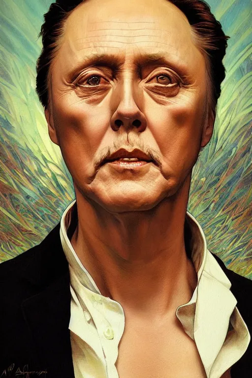 Image similar to portrait of christopher walken with a pierced eyebrow and goatee, high quality painting by artgerm and greg rutkowski and alphonse mucha
