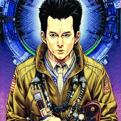 Image similar to portrait of crazy peter venkman, symmetrical, by yoichi hatakenaka, masamune shirow, josan gonzales and dan mumford, ayami kojima, takato yamamoto, barclay shaw, karol bak, yukito kishiro