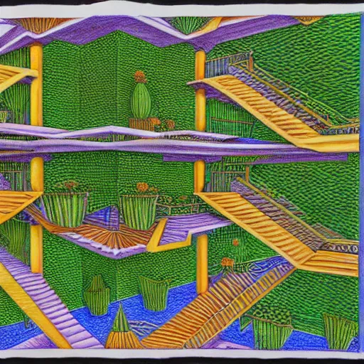 Prompt: hanging gardens of babylon, in the style of m c escher, colored pencil drawing