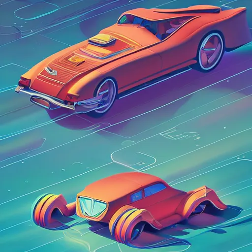 Image similar to isometric retro futuristic car ad by tyler edlin and petros afshar and christopher balaskas and marius borgeaud and kiliain eng, atomic age maximalist, art nouveau, well proportioned, highly detailed