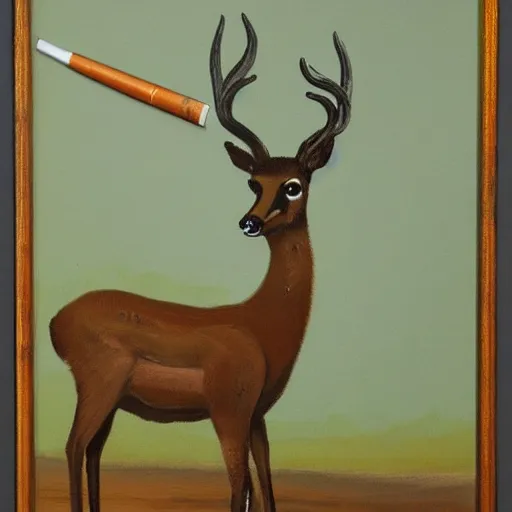 Image similar to deer with a cigarette in its mouth and thick smoke coming out of the cigarette, very detailed, thick paint, expressive, brown and green palette, rule of thirds, dripping paint, thick strokes