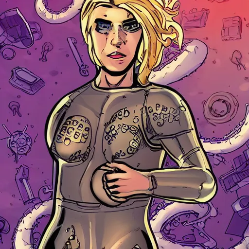 Prompt: comic book page of retrofuture tattooed stoic heroic emotionless dirty butch blonde woman engineer with very short messy dirty hair, full body, fighting in an alien arena, tentacles, rough paper, sci fi, behance hd