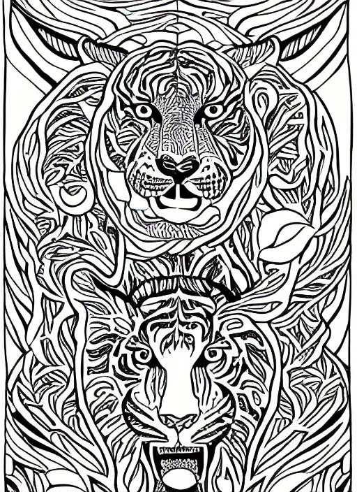 Image similar to wild tiger, black and white illustration, art nouveau, highly detailed, clean line art, tarot card style