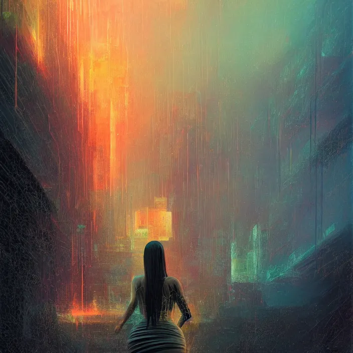 Image similar to kim kardashian, abstract, concept art, digital painting, noir, backlit, bokeh, neon lights, atmospheric, by bruce pennington, by wayne barlowe