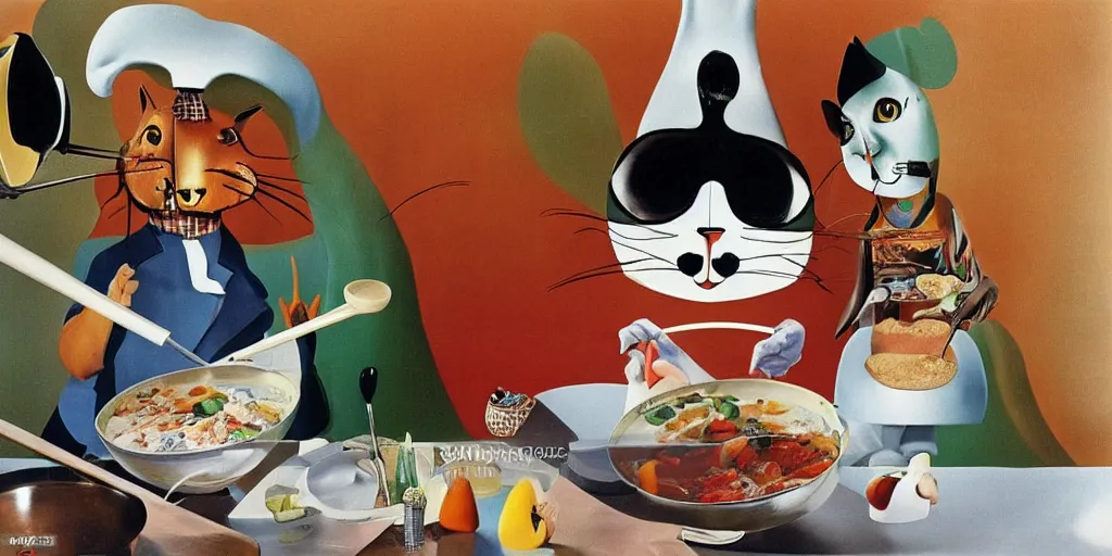 Image similar to anthropomorphic cats chef cooking a delicious colorful soup on TV show, by Salvador Dali