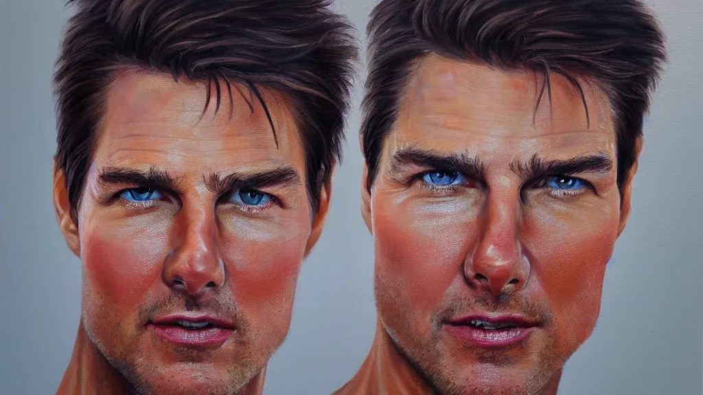 Image similar to A portrait painting of Tom Cruise; the most beautiul painting in the world; trending on artstation; oil on canvas; correct face; correct eyes; anatomically correct; extraordinary masterpiece!!!!!!; 8k