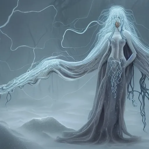 Image similar to concept designs for an ethereal ghostly wraith like figure with a squid like parasite latched onto its head and long tentacle arms that flow lazily but gracefully at its sides like a cloak while it floats around a frozen rocky tundra in the snow searching for lost souls and that hides amongst the shadows in the trees, this character has hydrokinesis and electrokinesis for the resident evil village video game franchise with inspiration from the franchise Bloodborne and the mind flayer from stranger things on netflix