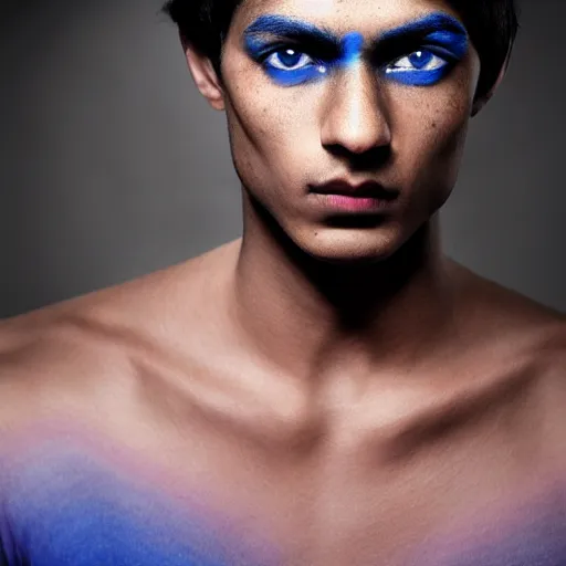 Image similar to a young beautiful slim athletic indian male has freckles color blue with an ombre effect, his eyes pupils are purple, his hair is colored blue silver ombre, photographed by erwin olaf