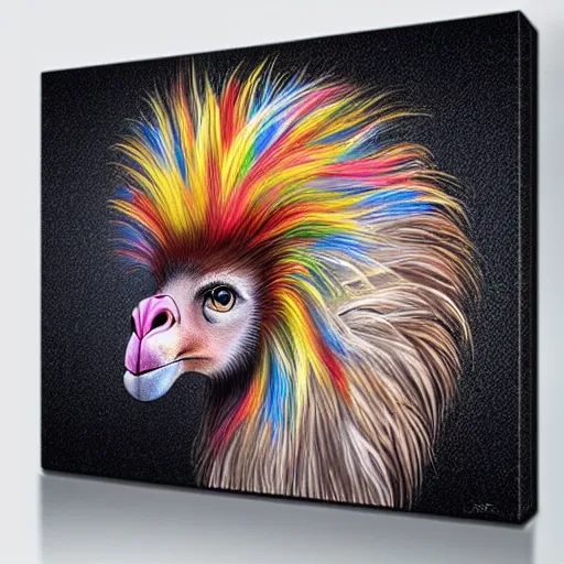 Image similar to portrait of a cute fluffy ostrich with long colorful flowing lion mane with mohawk hairstyle hybrid animal detailed painting 4 k