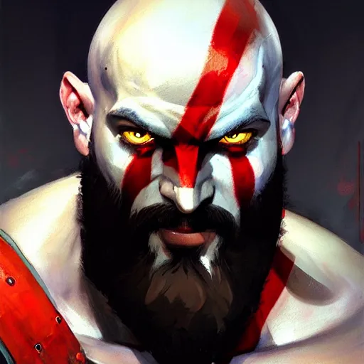 Image similar to Greg Manchess portrait painting of Kratos as Overwatch character, medium shot, asymmetrical, profile picture, Organic Painting, sunny day, Matte Painting, bold shapes, hard edges, street art, trending on artstation, by Huang Guangjian and Gil Elvgren and Sachin Teng