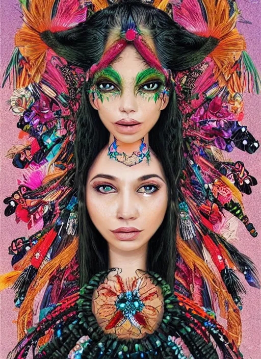 Image similar to beautiful portrait of a witch goddess wearing fantastic dress,embellished beaded feather decorative fringe knots ,colorful pigtail,subtropical flowers and plants,perfect symmetrica body shape,symmetrical face,intricate,elegant,highly detailed,8k,post-processing,digital painting,trending on pinterest,harper's bazaar,concept art, sharp focus, illustration, by artgerm,Tom Bagshaw,Lawrence Alma-Tadema,greg rutkowski,Alphonse Mucha,golden ratio