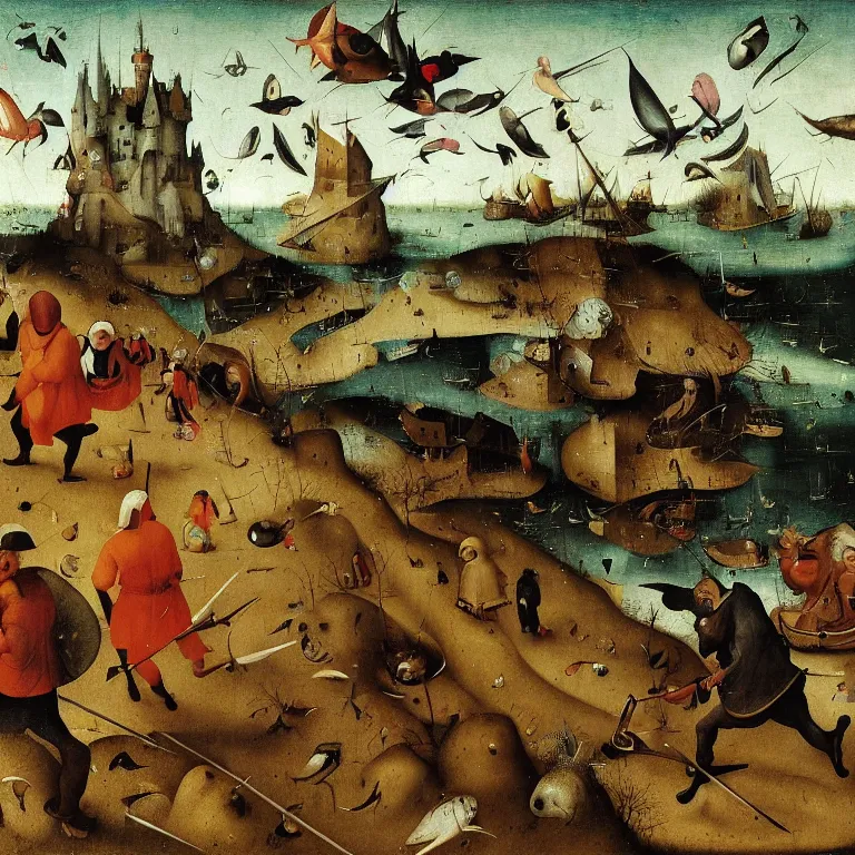 Prompt: The portrait of three sarcastic mans with a lot of fish running away from Grim Reaper who laughs and follow them, by Hieronymus Bosch and Pieter Bruegel inspired by Terry Pratchett, super detailed oil painting, hyper realistic, 4k, masterpiece