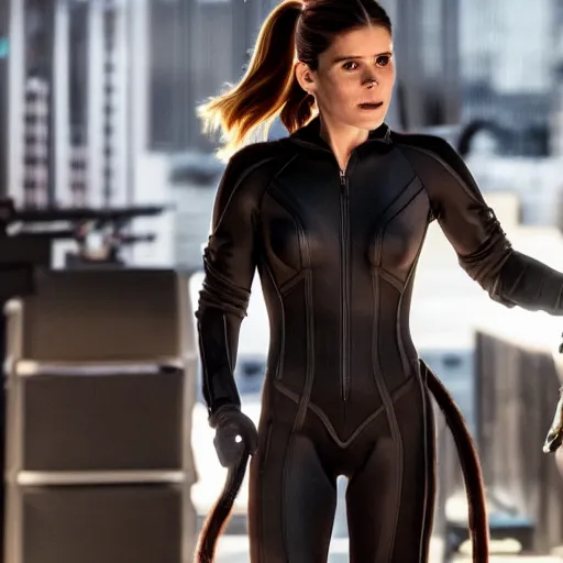 Image similar to kate mara as cat woman unzipping her jumpsuit, 8 k resolution hyperdetailed photo realistic, extremely high quality and life like