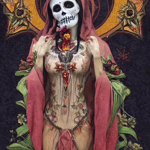 Prompt: an aesthetic iconic image of santa muerte the folk saint of death realistic! full - body! picture! cute anatomy with an adorable face shapely body heavy chested, she's intricate and elegant wrapped in a light flowing silk, a few piercings, a highly detailed real - life 1 0 8 - megapixel photograph, art nouveau, epic composition, hd