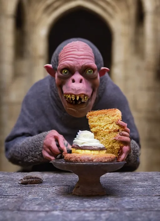 Image similar to closeup portrait of a medieval goblin eating cakes in the cloisters, depth of field, zeiss lens, detailed, symmetrical, centered, fashion photoshoot, by annie leibovitz and steve mccurry, david lazar, jimmy nelsson, breathtaking, 8 k resolution, extremely detailed, beautiful, establishing shot, artistic, hyperrealistic, beautiful face, octane render