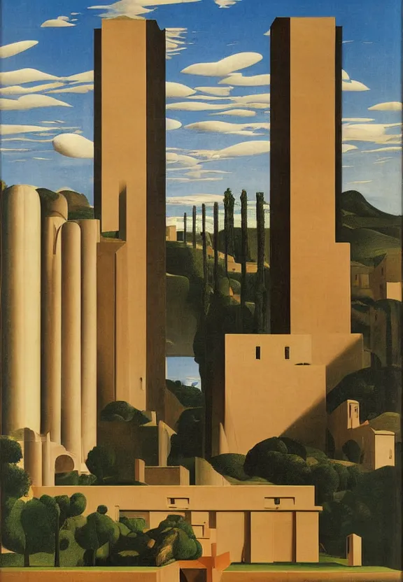 Prompt: [Poster of a brutalism in a stunning landscape by Giorgio de Chirico, Rene Magritte, George Tooker, Titian]