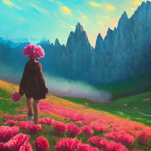 Image similar to giant carnation flower as a head, girl hiking in the dolomites, surreal photography, sunrise, dramatic light, impressionist painting, colorful clouds, digital painting, artstation, simon stalenhag