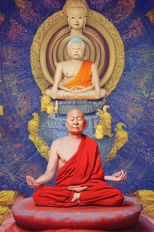 Prompt: Donald Trump meditating in a Buddhist Temple, oil on canvas, intricate, portrait, 8k highly professionally detailed, HDR, CGsociety