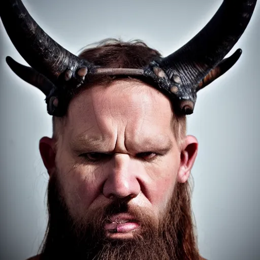 Prompt: a human with tusks and horns on their head, 8 k, professional photography